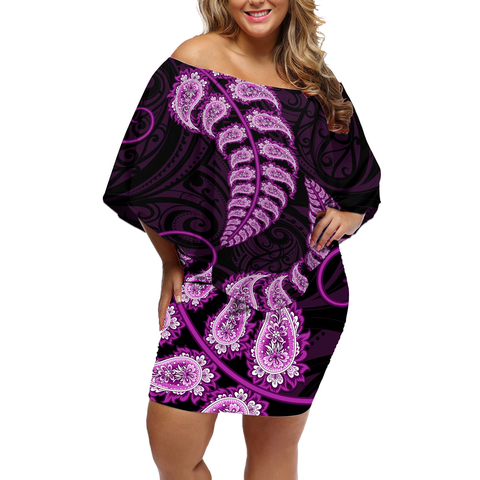 Purple New Zealand Paisley Silver Fern Off Shoulder Short Dress Aotearoa Maori LT14 Women Purple - Polynesian Pride