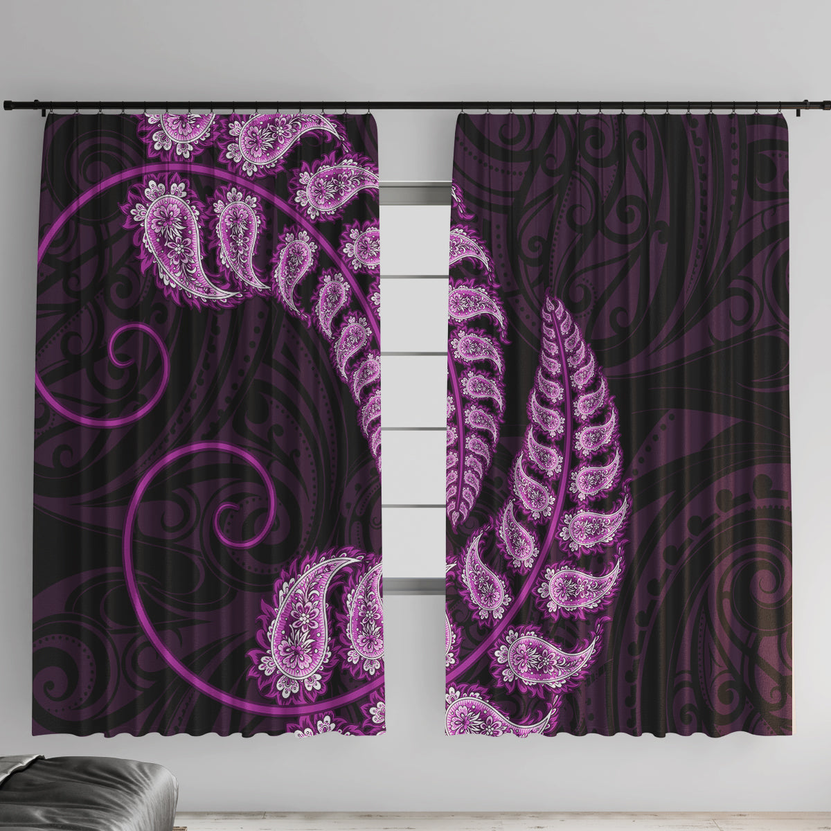 Purple New Zealand Paisley Silver Fern Window Curtain Aotearoa Maori LT14 With Hooks Purple - Polynesian Pride