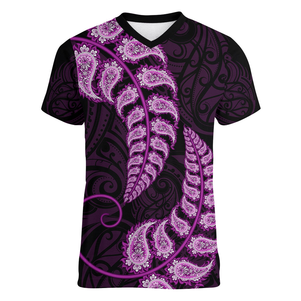 Purple New Zealand Paisley Silver Fern Women V Neck T Shirt Aotearoa Maori LT14 Female Purple - Polynesian Pride