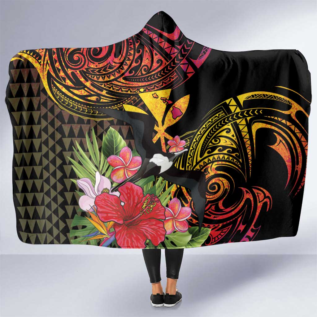 Hawaii Iwa Bird Hooded Blanket Great Frigatebird Kanaka Tropical Hippie Style LT14 One Size Black - Polynesian Pride