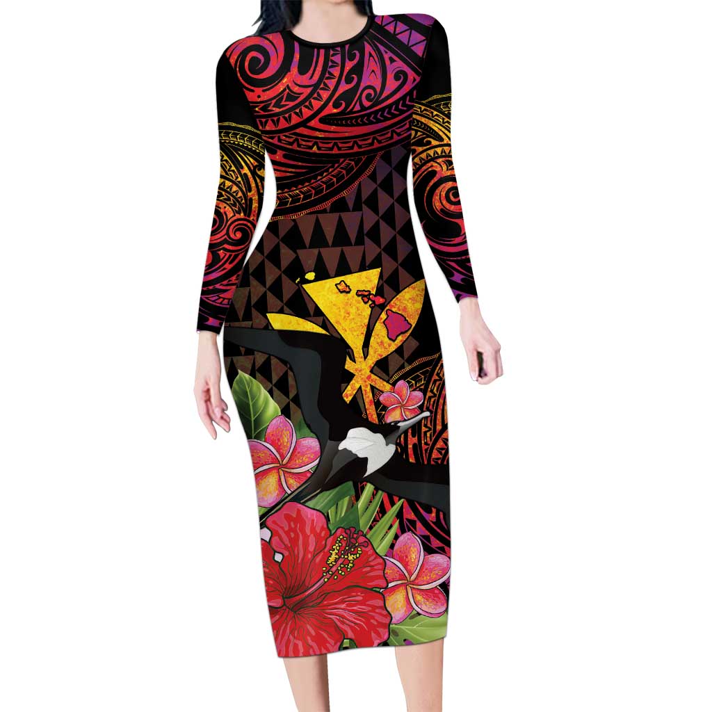 Hawaii Iwa Bird Long Sleeve Bodycon Dress Great Frigatebird Kanaka Tropical Hippie Style LT14 Long Dress Black - Polynesian Pride