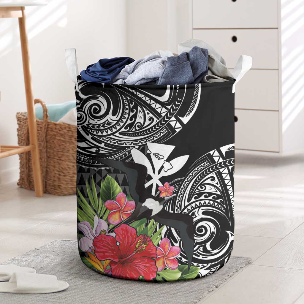 Hawaii Iwa Bird Laundry Basket Great Frigatebird Kanaka Tropical Flowers LT14 Black - Polynesian Pride