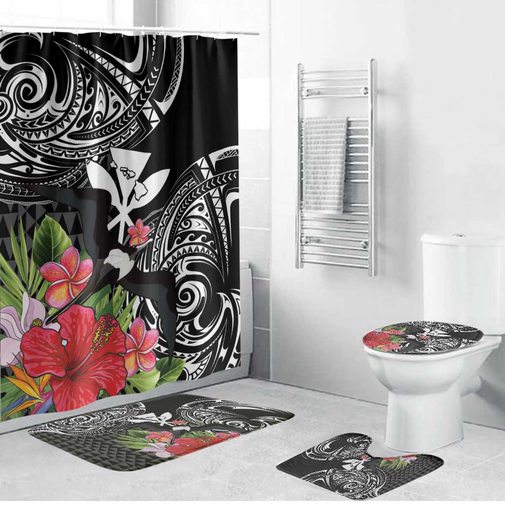 Hawaii Iwa Bird Bathroom Set Great Frigatebird Kanaka Tropical Flowers LT14 Bathroom Set (4 pcs) Black - Polynesian Pride