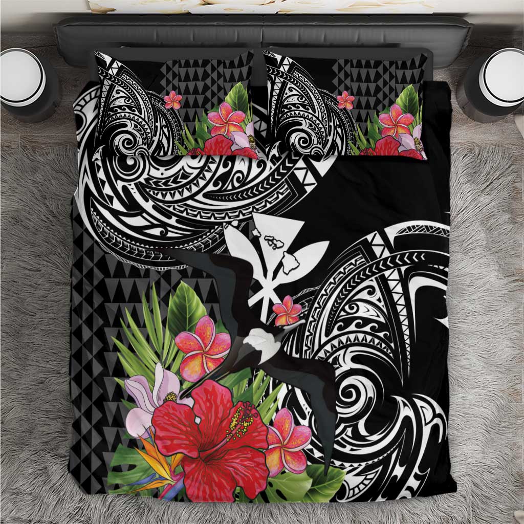 Hawaii Iwa Bird Bedding Set Great Frigatebird Kanaka Tropical Flowers LT14 Black - Polynesian Pride