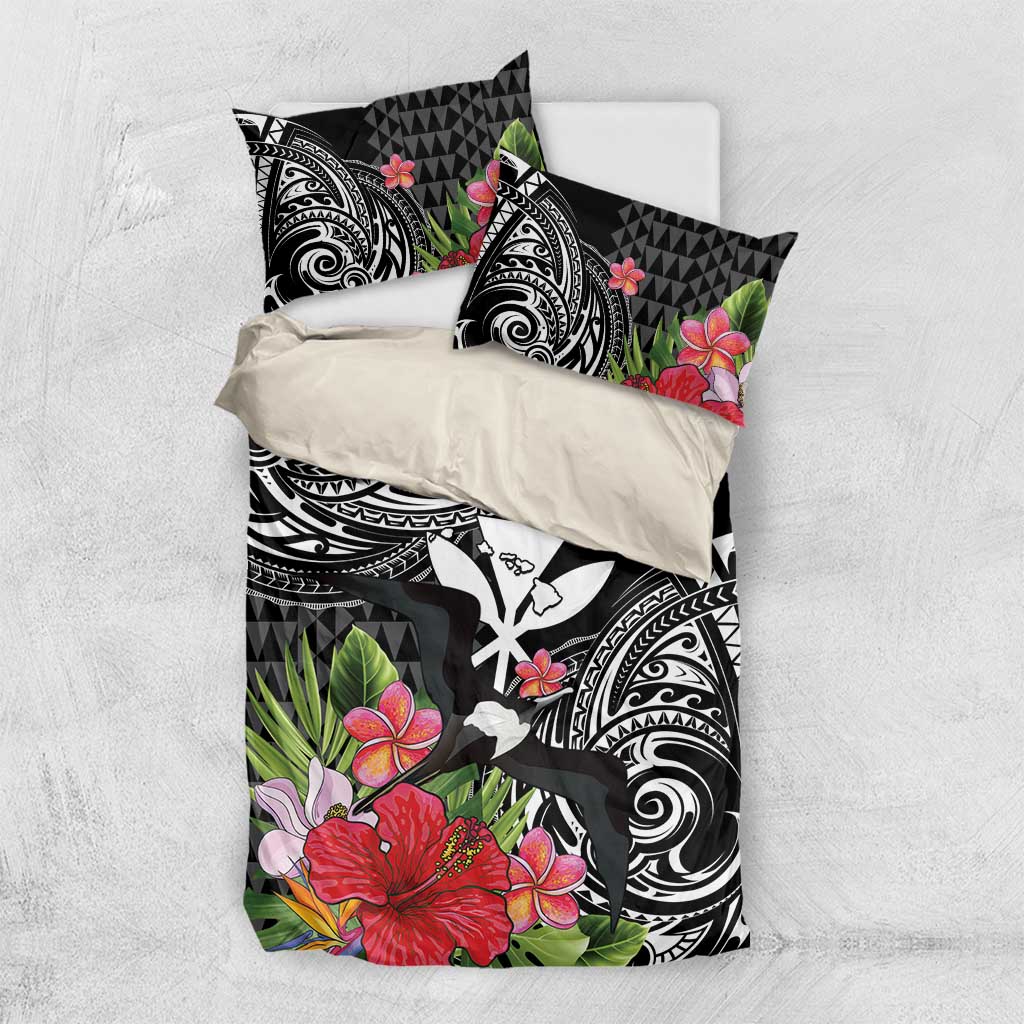 Hawaii Iwa Bird Bedding Set Great Frigatebird Kanaka Tropical Flowers LT14 US Twin 172cm x 218cm Black - Polynesian Pride