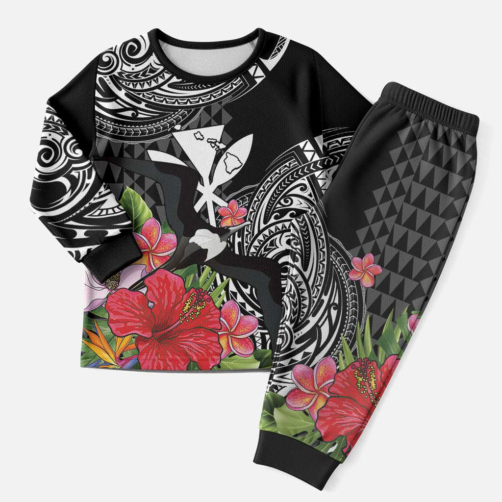 Hawaii Iwa Bird Christmas Pajama Set Great Frigatebird Kanaka Tropical Flowers LT14 Men Black - Polynesian Pride