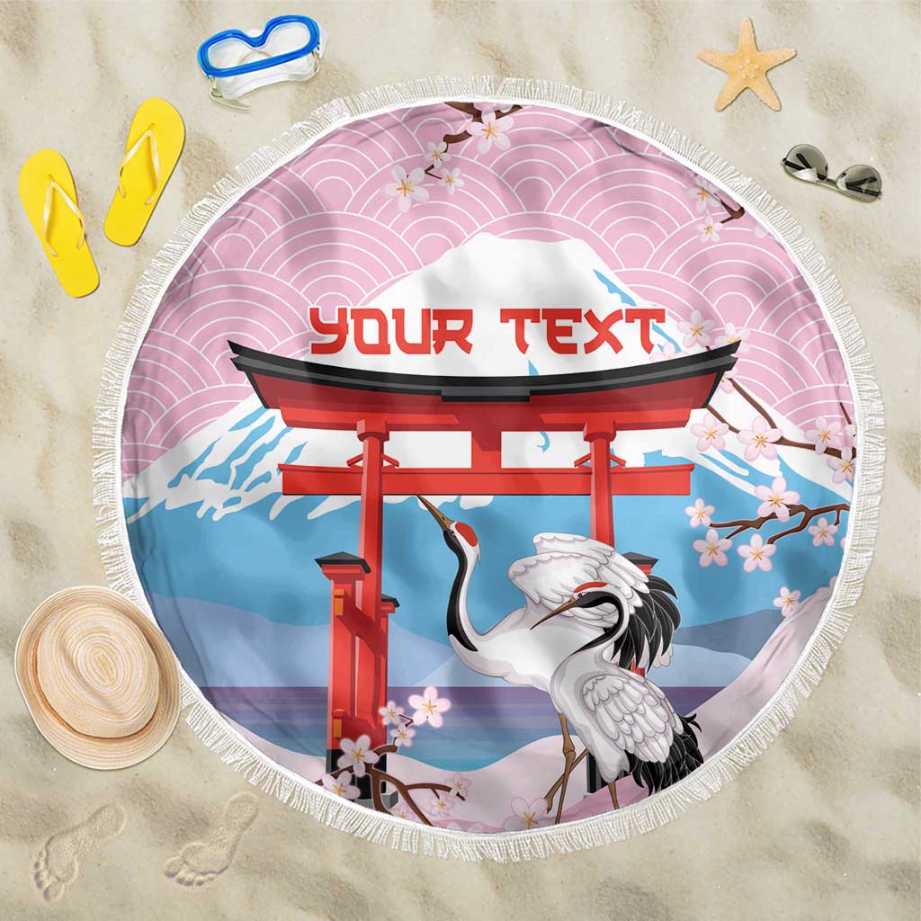 Japanese Torii Gate Cranes Personalised Beach Blanket Fuji Mount Sakura Seigaiha Pattern LT14 One Size 150cm Pink - Polynesian Pride