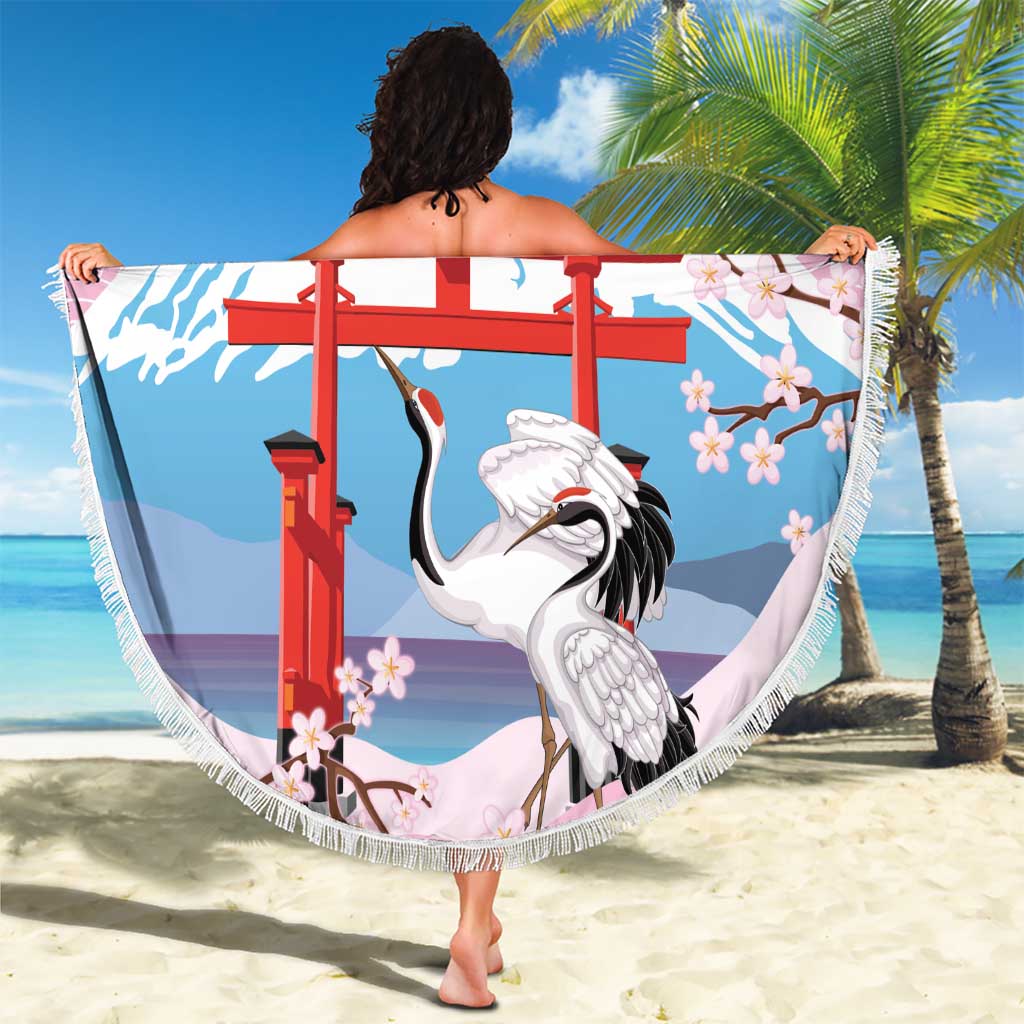 Japanese Torii Gate Cranes Personalised Beach Blanket Fuji Mount Sakura Seigaiha Pattern LT14 - Polynesian Pride