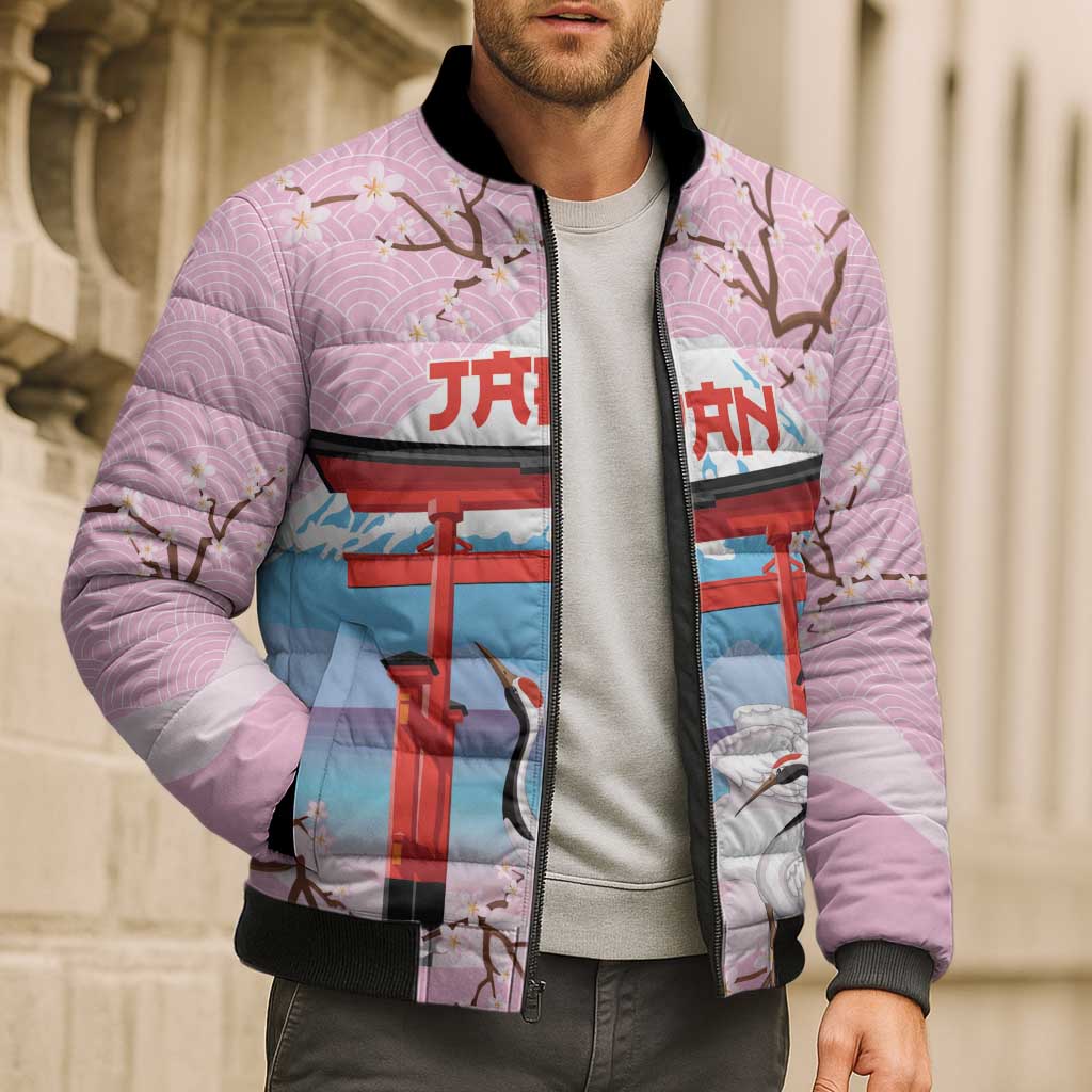 Japanese Torii Gate Cranes Personalised Bomber Puffer Jacket Fuji Mount Sakura Seigaiha Pattern LT14 - Polynesian Pride