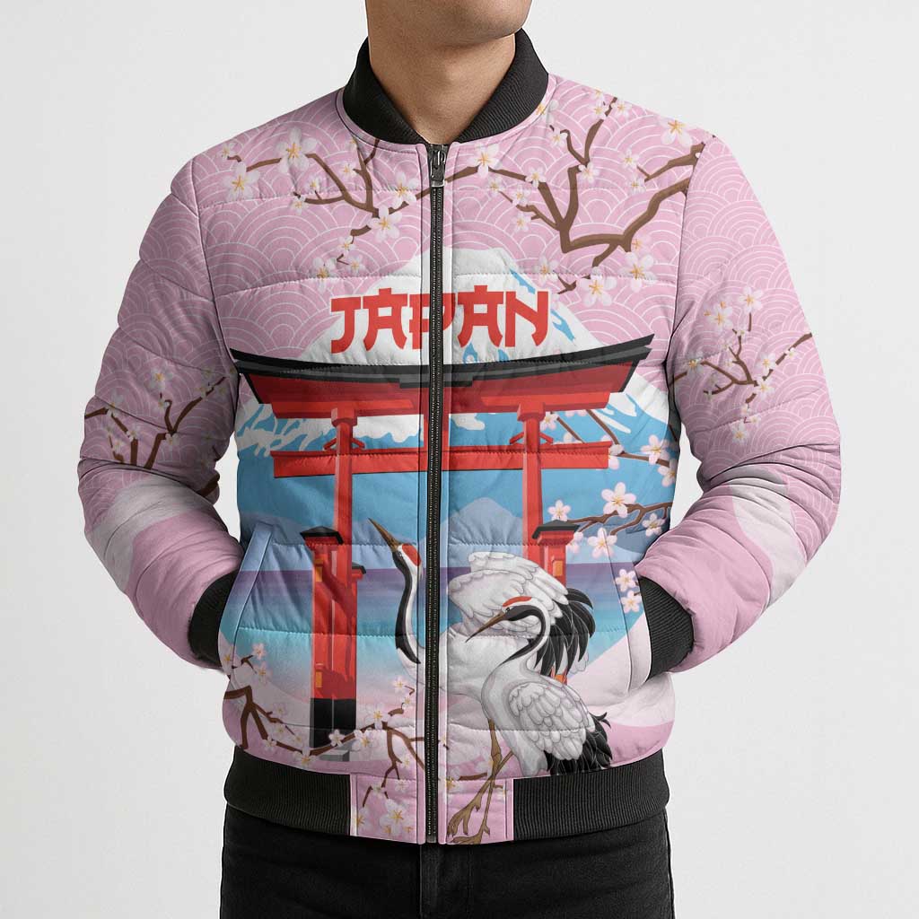 Japanese Torii Gate Cranes Personalised Bomber Puffer Jacket Fuji Mount Sakura Seigaiha Pattern LT14 - Polynesian Pride