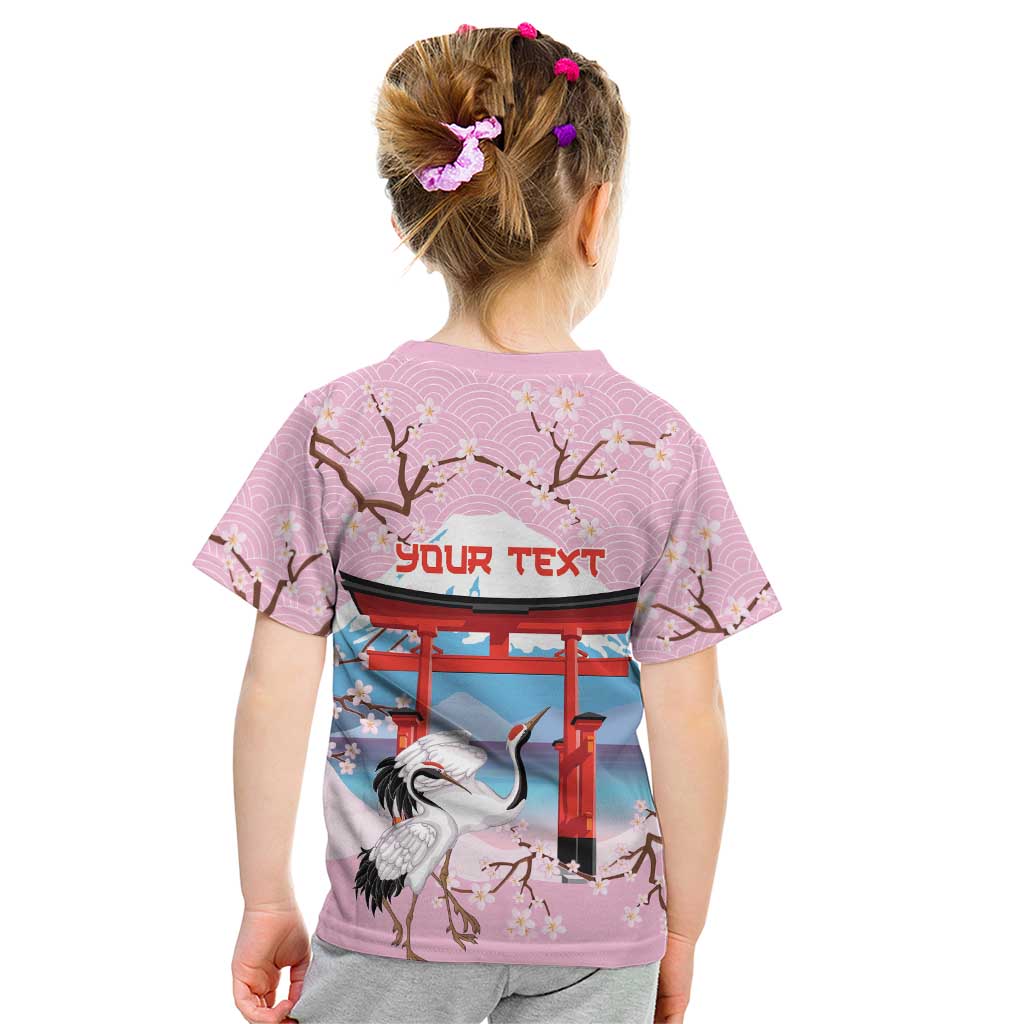 Japanese Torii Gate Cranes Personalised Kid T Shirt Fuji Mount Sakura Seigaiha Pattern LT14 - Polynesian Pride