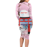 Japanese Torii Gate Cranes Personalised Long Sleeve Bodycon Dress Fuji Mount Sakura Seigaiha Pattern LT14 - Polynesian Pride