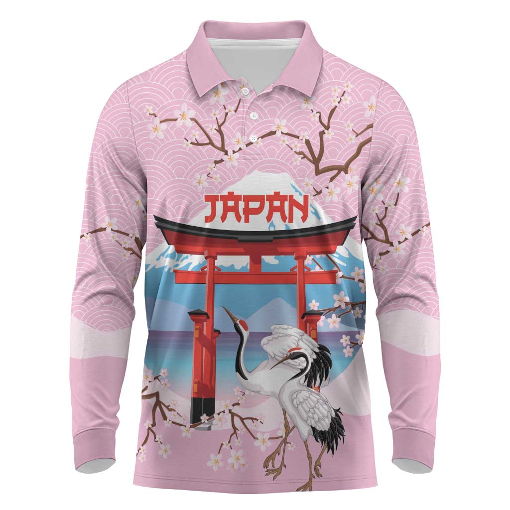 Japanese Torii Gate Cranes Personalised Long Sleeve Polo Shirt Fuji Mount Sakura Seigaiha Pattern LT14 Pink - Polynesian Pride