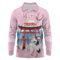 Japanese Torii Gate Cranes Personalised Long Sleeve Polo Shirt Fuji Mount Sakura Seigaiha Pattern LT14 Pink - Polynesian Pride