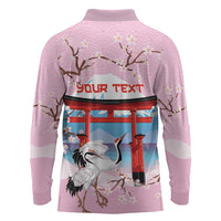Japanese Torii Gate Cranes Personalised Long Sleeve Polo Shirt Fuji Mount Sakura Seigaiha Pattern LT14 - Polynesian Pride