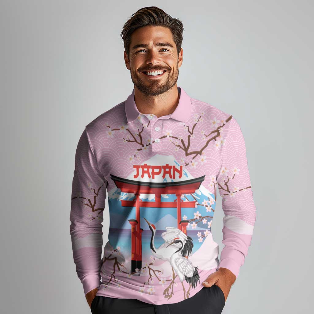 Japanese Torii Gate Cranes Personalised Long Sleeve Polo Shirt Fuji Mount Sakura Seigaiha Pattern LT14 - Polynesian Pride