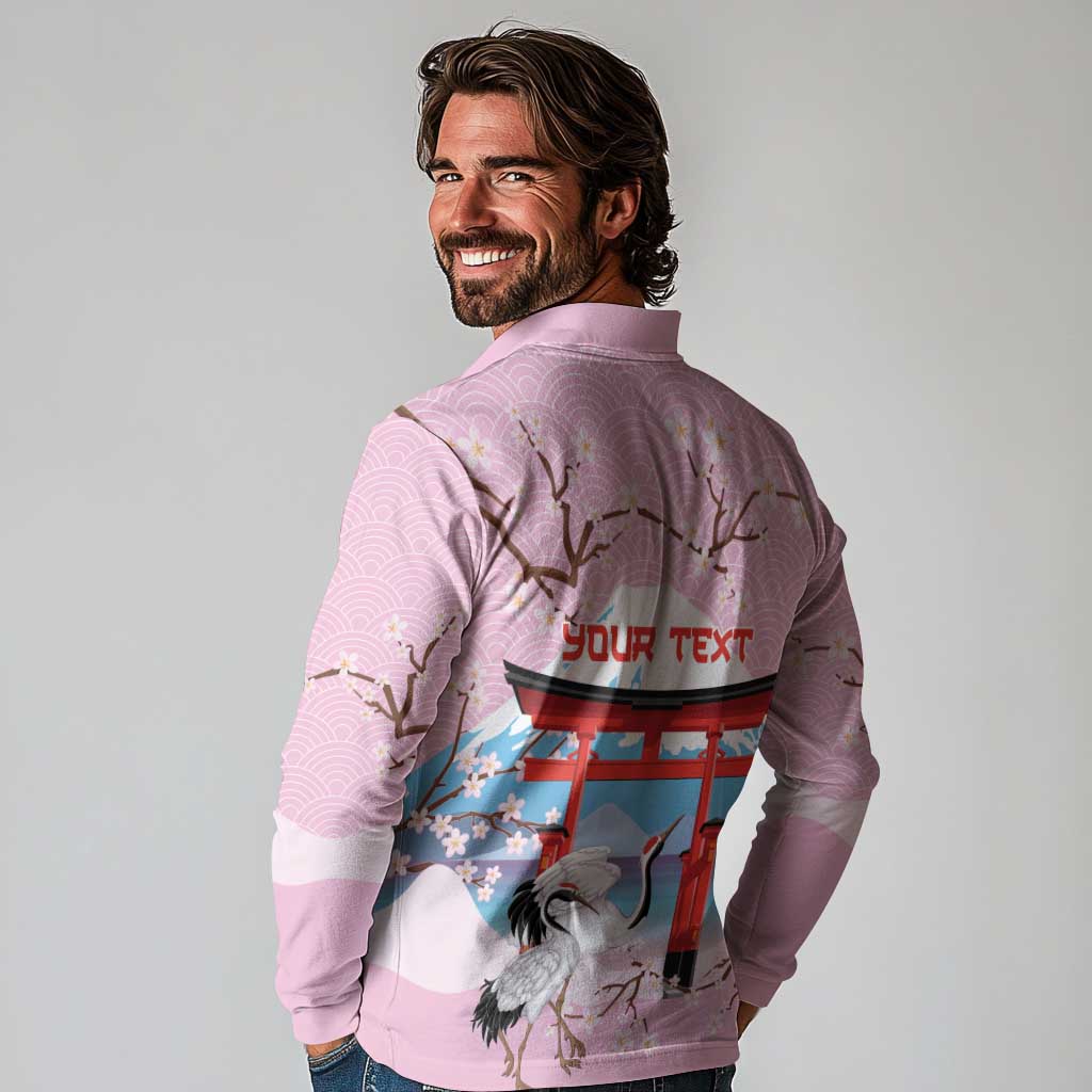Japanese Torii Gate Cranes Personalised Long Sleeve Polo Shirt Fuji Mount Sakura Seigaiha Pattern LT14 - Polynesian Pride
