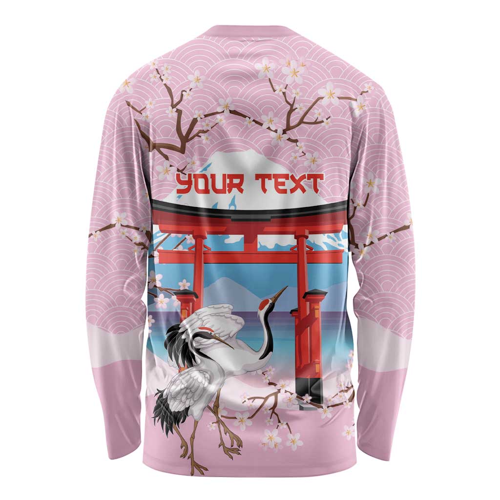 Japanese Torii Gate Cranes Personalised Long Sleeve Shirt Fuji Mount Sakura Seigaiha Pattern LT14 - Polynesian Pride