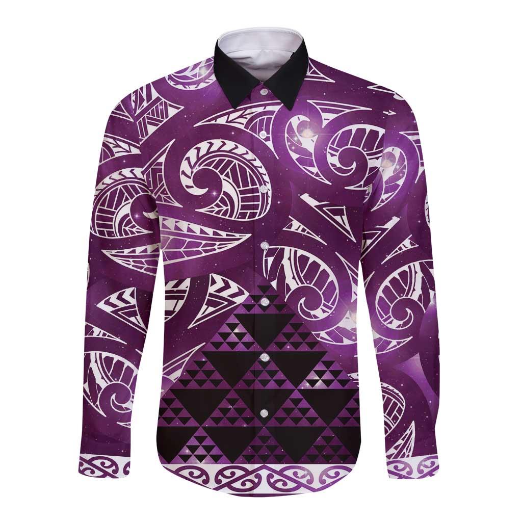Matariki New Zealand Long Sleeve Button Shirt NZ Niho Taniwha Maori New Year Purple Galaxy LT14 Unisex Purple - Polynesian Pride