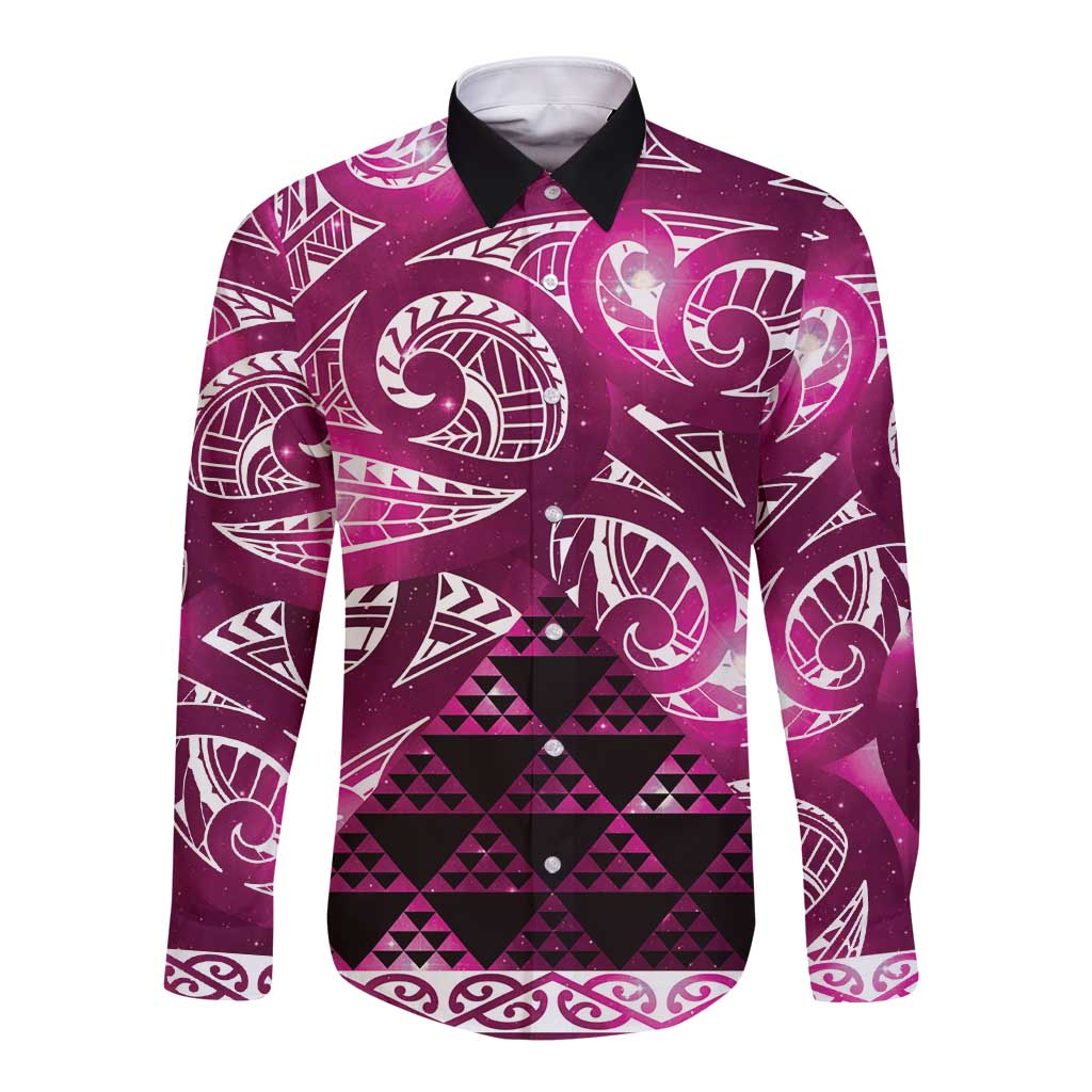 Matariki New Zealand Long Sleeve Button Shirt NZ Niho Taniwha Maori New Year Pink Galaxy LT14 Unisex Pink - Polynesian Pride