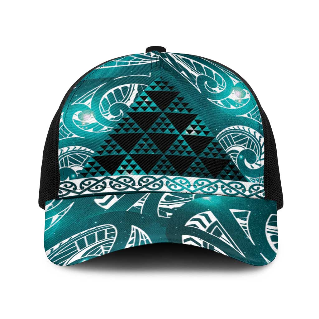 Matariki New Zealand Baseball Net Cap NZ Niho Taniwha Maori New Year Cyan Galaxy LT14 One Size Black Cyan - Polynesian Pride