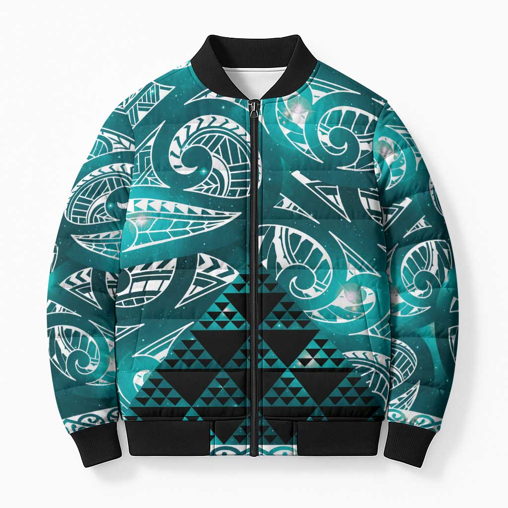Matariki New Zealand Bomber Puffer Jacket NZ Niho Taniwha Maori New Year Cyan Galaxy LT14 Unisex Cyan - Polynesian Pride