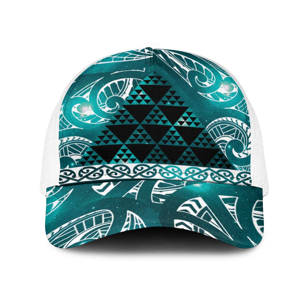 Matariki New Zealand Mesh Trucker Cap NZ Niho Taniwha Maori New Year Cyan Galaxy LT14 One Size White Cyan - Polynesian Pride