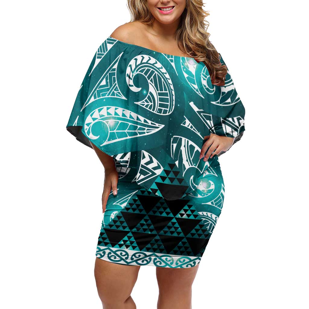 Matariki New Zealand Off Shoulder Short Dress NZ Niho Taniwha Maori New Year Cyan Galaxy LT14 Women Cyan - Polynesian Pride