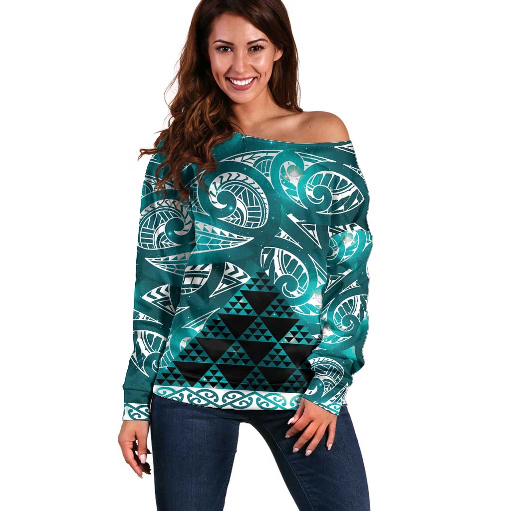 Matariki New Zealand Off Shoulder Sweater NZ Niho Taniwha Maori New Year Cyan Galaxy LT14 Women Cyan - Polynesian Pride