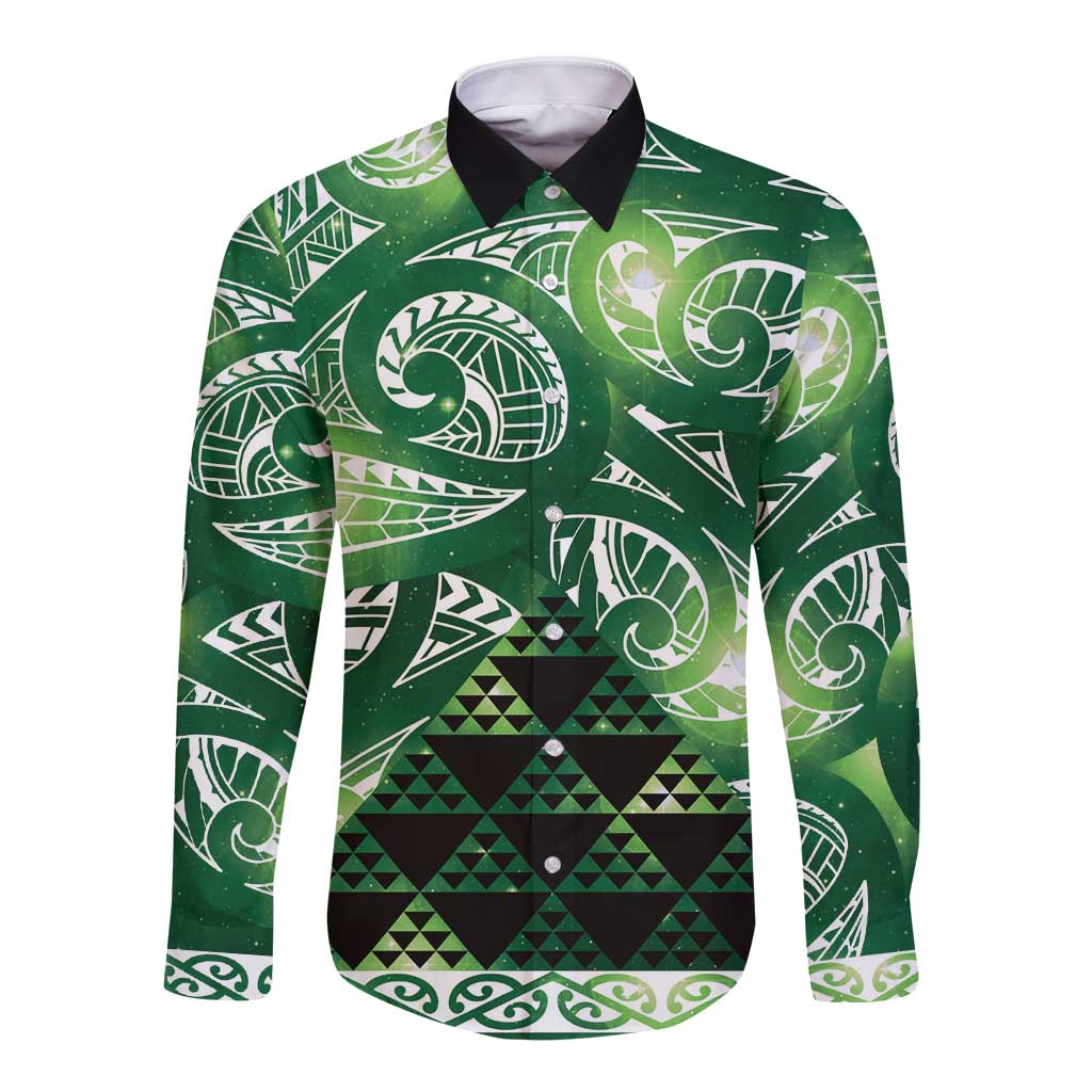 Matariki New Zealand Long Sleeve Button Shirt NZ Niho Taniwha Maori New Year Green Galaxy LT14 Unisex Green - Polynesian Pride