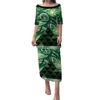 Matariki New Zealand Puletasi NZ Niho Taniwha Maori New Year Green Galaxy LT14 Long Dress Green - Polynesian Pride