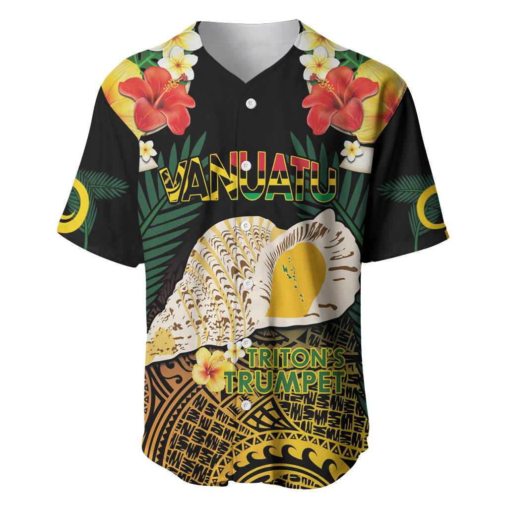 Vanuatu Triton's Trumpet Baseball Jersey Tropical Flowers Vanuatuan Map LT14 Black - Polynesian Pride