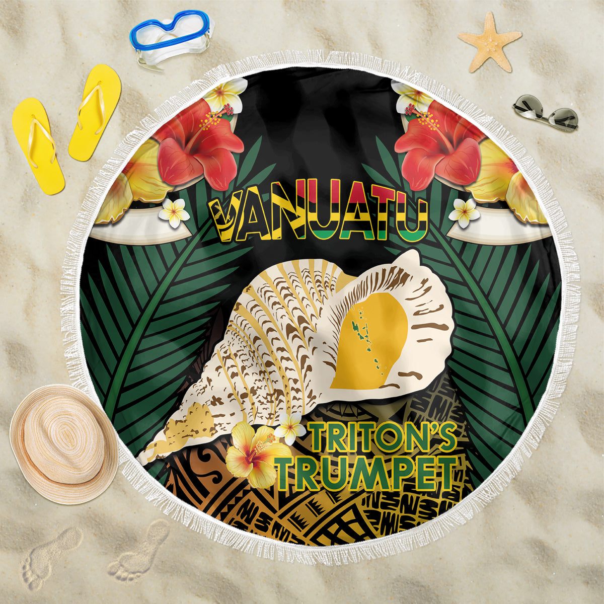 Vanuatu Triton's Trumpet Beach Blanket Tropical Flowers Vanuatuan Map LT14 One Size 150cm Black - Polynesian Pride