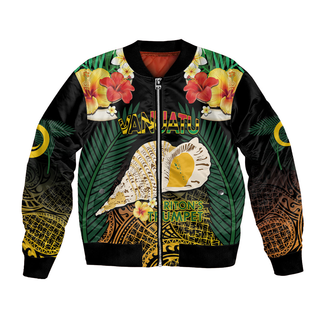 Vanuatu Triton's Trumpet Bomber Jacket Tropical Flowers Vanuatuan Map LT14 Unisex Black - Polynesian Pride