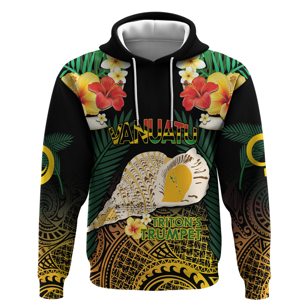 Vanuatu Triton's Trumpet Hoodie Tropical Flowers Vanuatuan Map LT14 Pullover Hoodie Black - Polynesian Pride