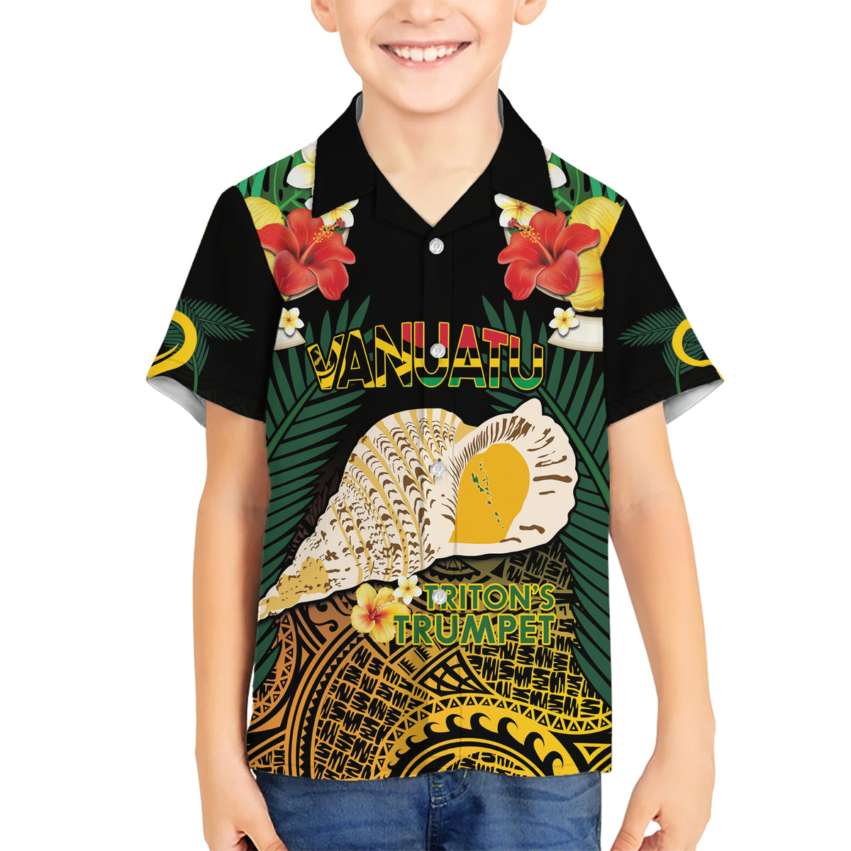 Vanuatu Triton's Trumpet Kid Hawaiian Shirt Tropical Flowers Vanuatuan Map LT14 Kid Black - Polynesian Pride