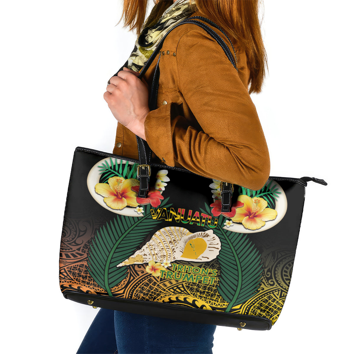 Vanuatu Triton's Trumpet Leather Tote Bag Tropical Flowers Vanuatuan Map LT14 Black - Polynesian Pride