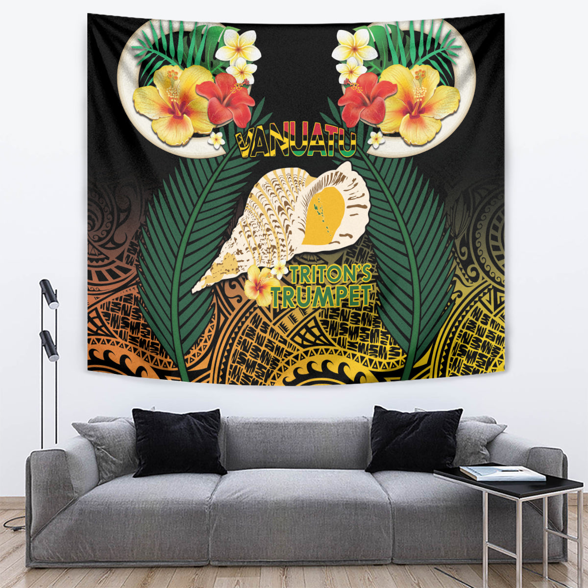 Vanuatu Triton's Trumpet Tapestry Tropical Flowers Vanuatuan Map LT14 Black - Polynesian Pride