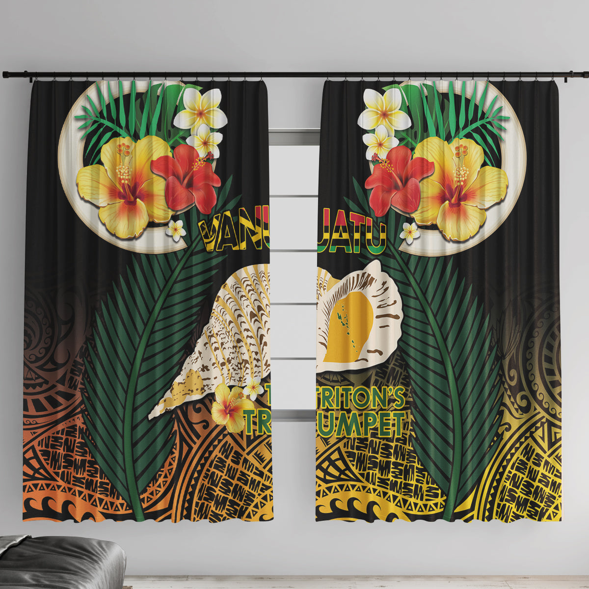 Vanuatu Triton's Trumpet Window Curtain Tropical Flowers Vanuatuan Map LT14 With Hooks Black - Polynesian Pride