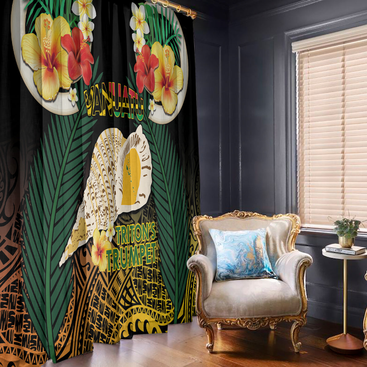Vanuatu Triton's Trumpet Window Curtain Tropical Flowers Vanuatuan Map LT14 - Polynesian Pride