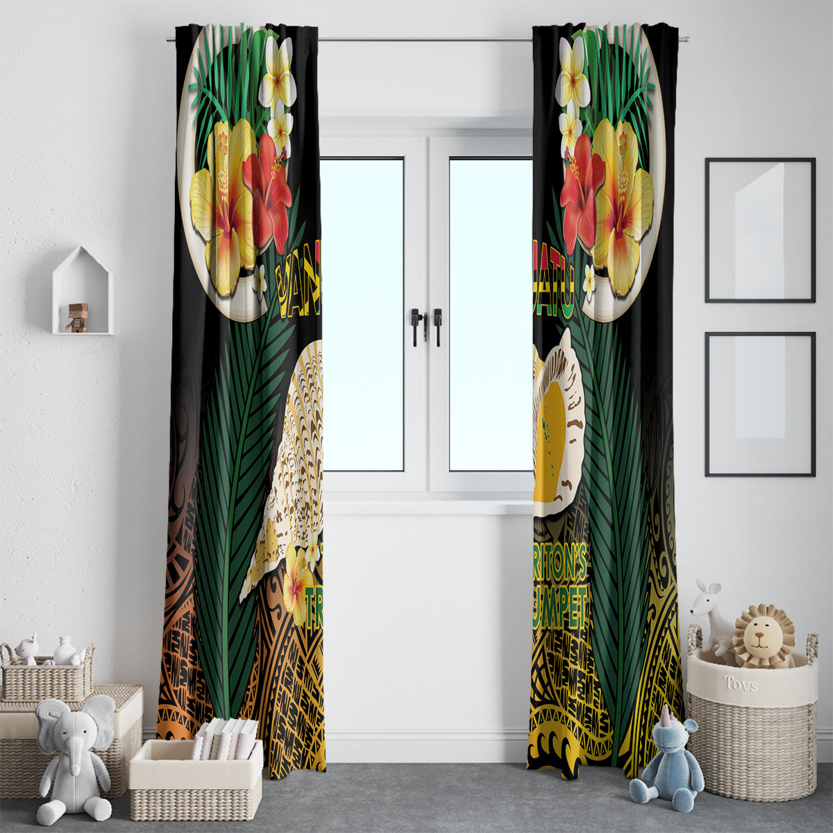 Vanuatu Triton's Trumpet Window Curtain Tropical Flowers Vanuatuan Map LT14 - Polynesian Pride