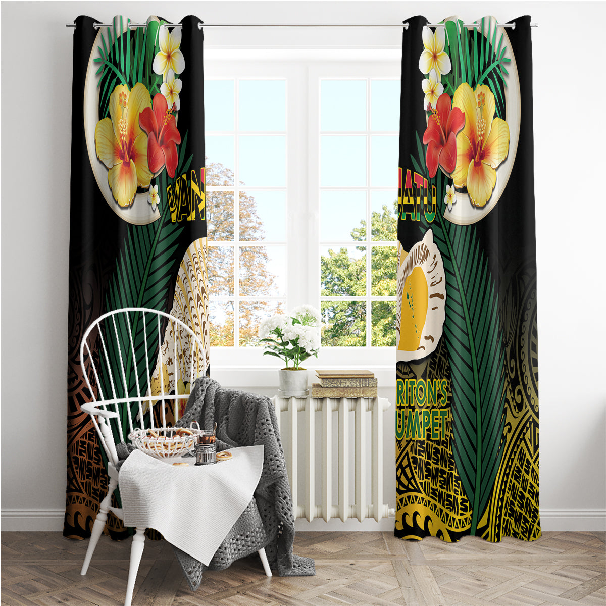 Vanuatu Triton's Trumpet Window Curtain Tropical Flowers Vanuatuan Map LT14 - Polynesian Pride