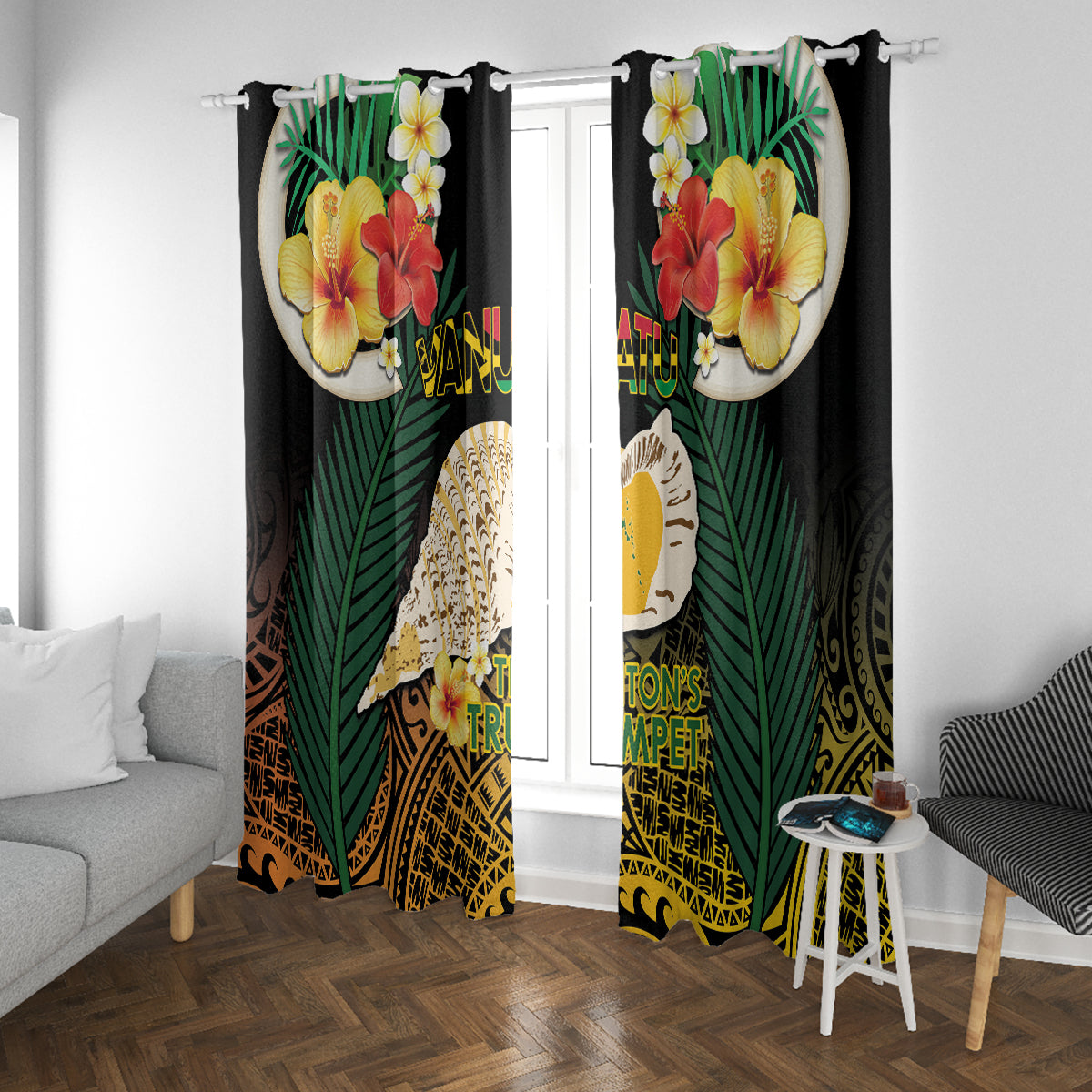 Vanuatu Triton's Trumpet Window Curtain Tropical Flowers Vanuatuan Map LT14 With Grommets Black - Polynesian Pride