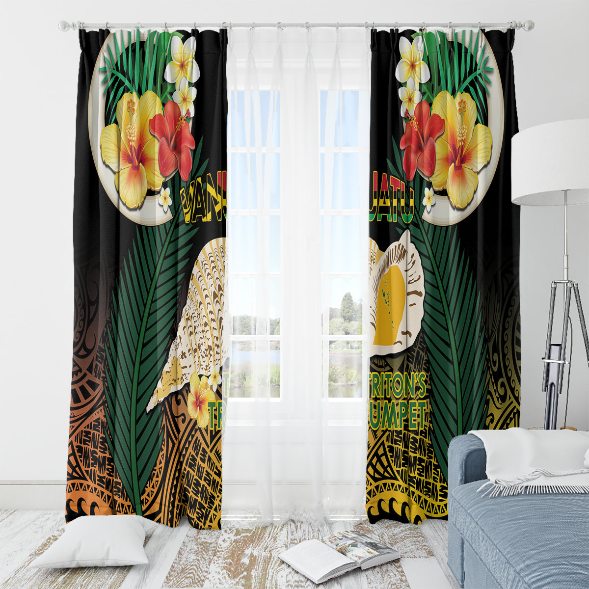Vanuatu Triton's Trumpet Window Curtain Tropical Flowers Vanuatuan Map LT14 - Polynesian Pride