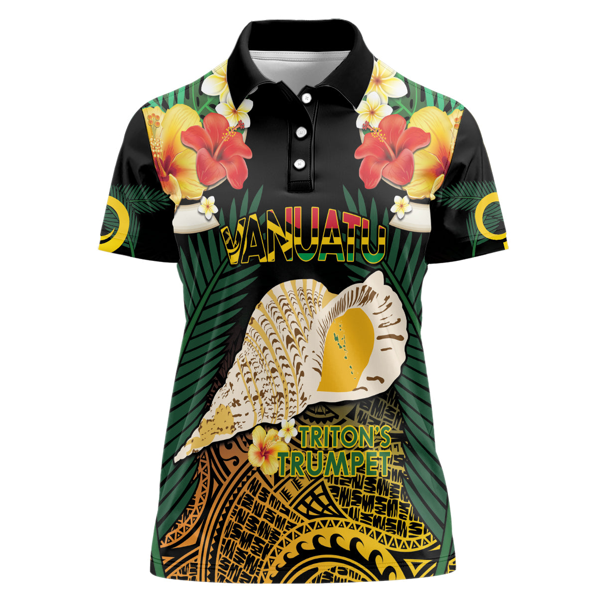 Vanuatu Triton's Trumpet Women Polo Shirt Tropical Flowers Vanuatuan Map LT14 Female Black - Polynesian Pride