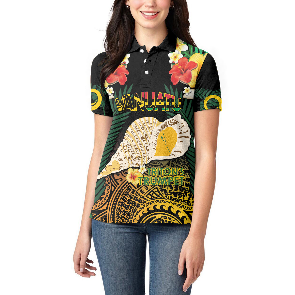 Vanuatu Triton's Trumpet Women Polo Shirt Tropical Flowers Vanuatuan Map LT14 - Polynesian Pride