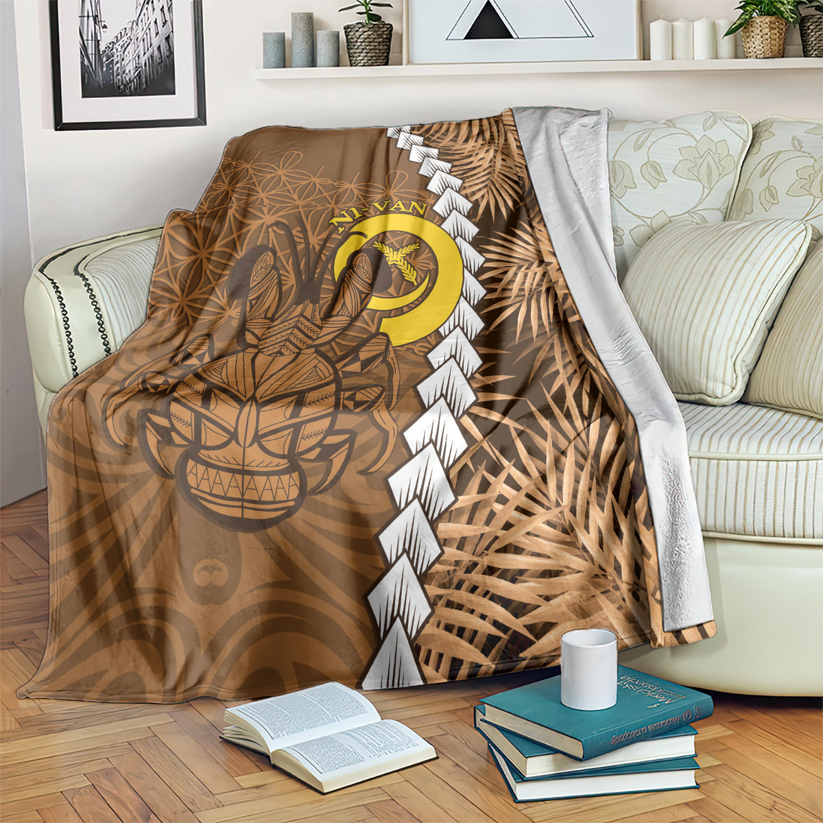 Vanuatu Coconut Crab Blanket Ni-Van Tropical Leaves With Sand Drawing Art LT14 Brown - Polynesian Pride