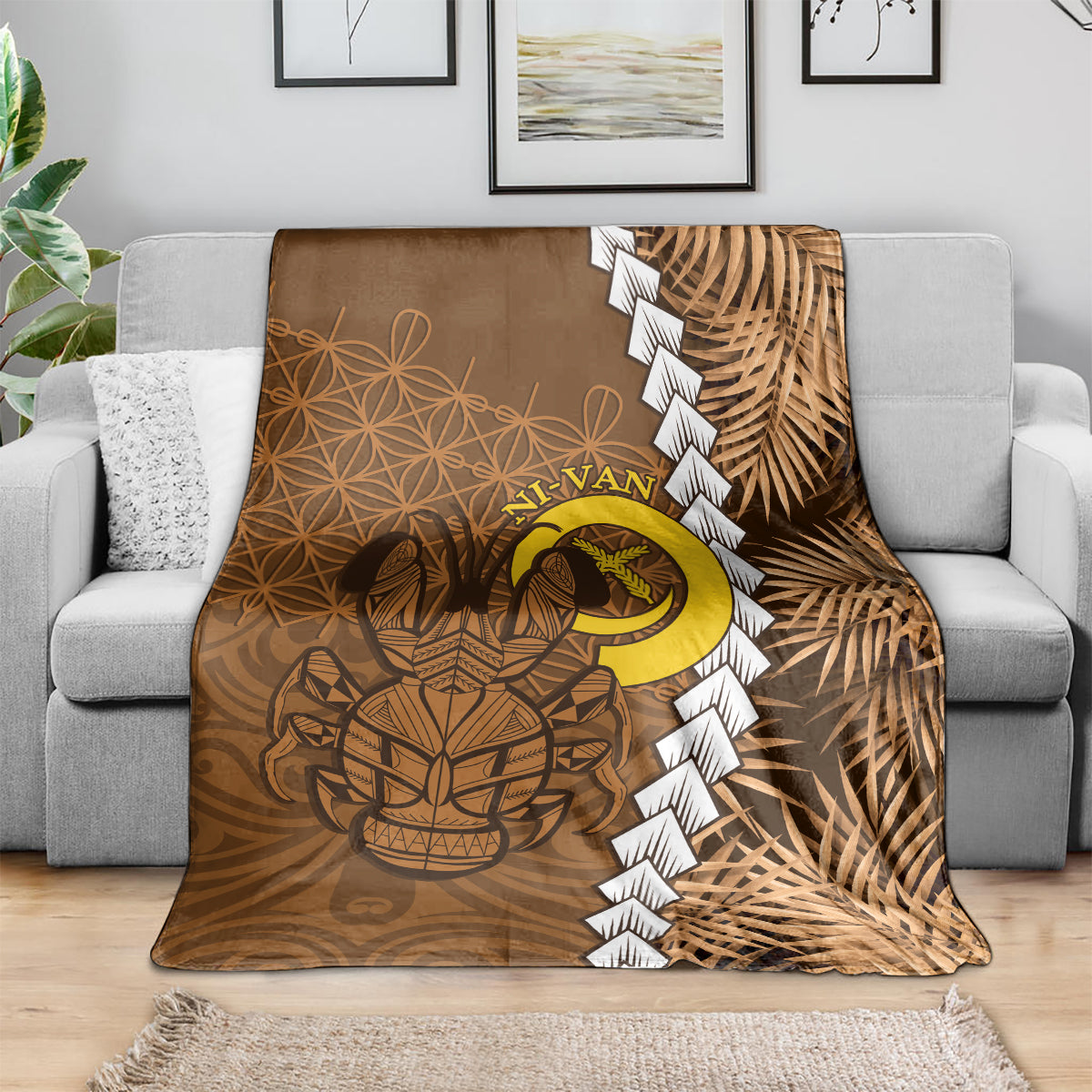 Vanuatu Coconut Crab Blanket Ni-Van Tropical Leaves With Sand Drawing Art LT14 - Polynesian Pride