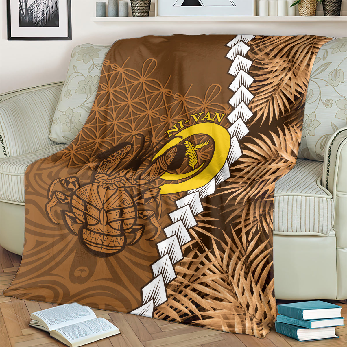 Vanuatu Coconut Crab Blanket Ni-Van Tropical Leaves With Sand Drawing Art LT14 - Polynesian Pride