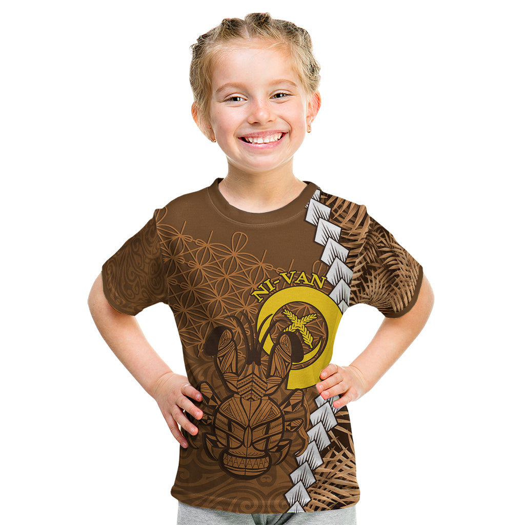 Vanuatu Coconut Crab Kid T Shirt Ni-Van Tropical Leaves With Sand Drawing Art LT14 Brown - Polynesian Pride